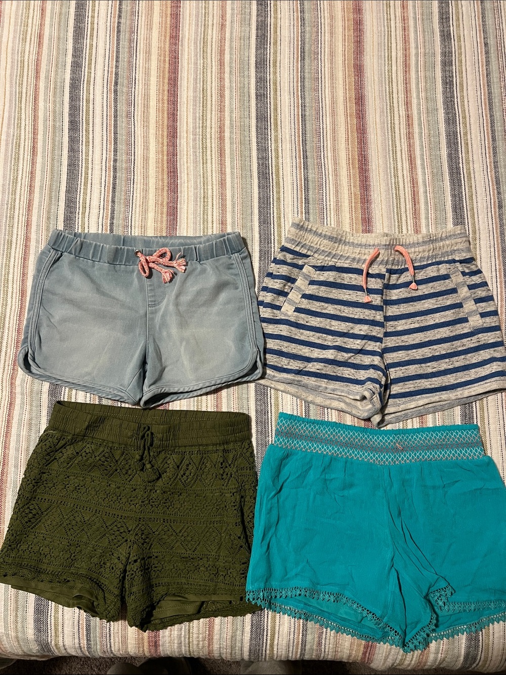 Girls' Casual Drawstring Shorts Pack - Blue, Stripe, Olive & Teal